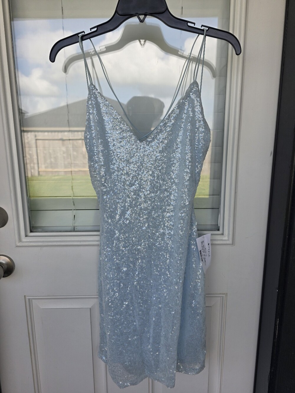 B Darlin Light Blue Sequin Mini Dress Spaghetti Strap V-Neck Party Size M NWT - Picture 2 of 9